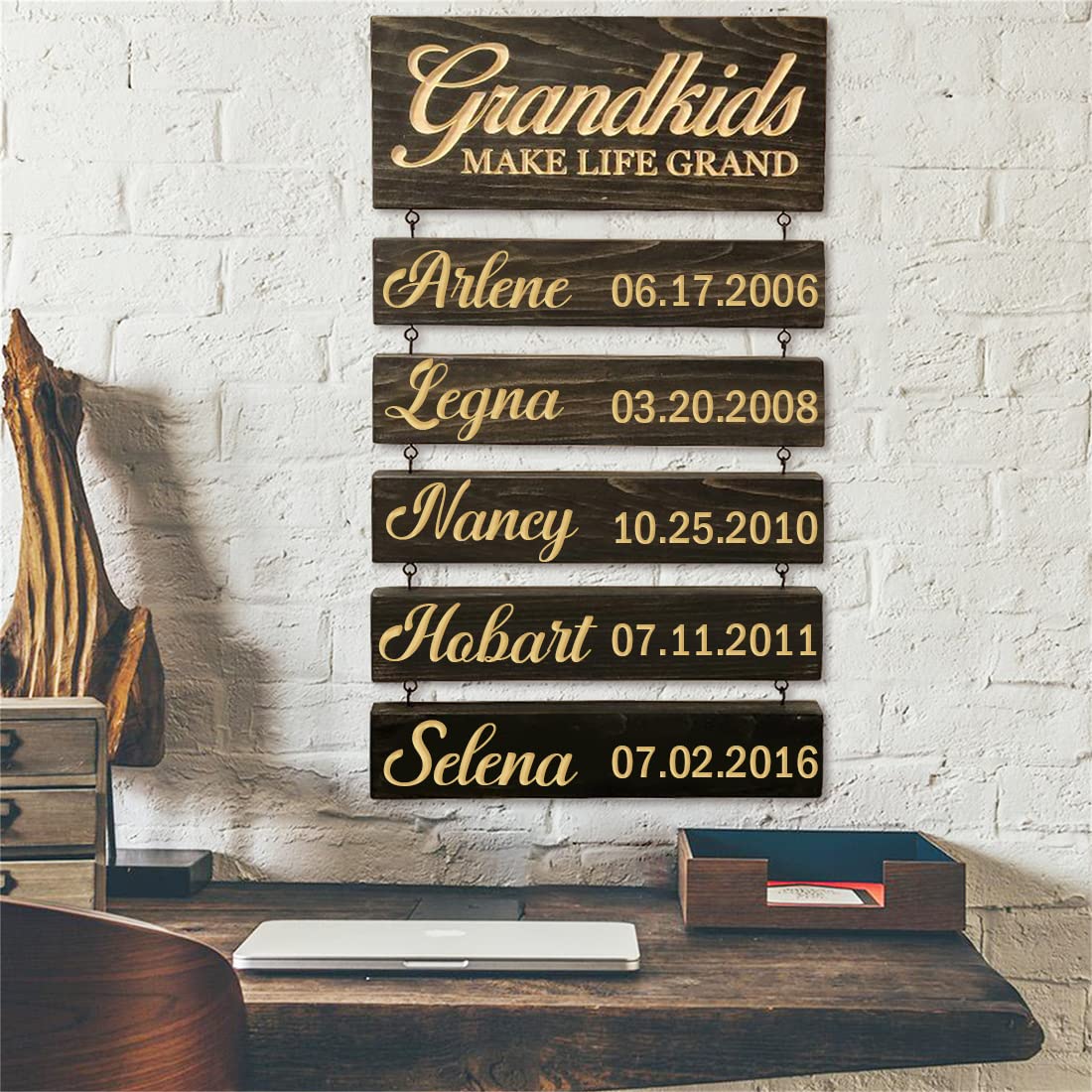 Amabery Happiness is Having Guandchildnen to Love Wood Sign Wall Hanging with 1-10 Names Birth Dates Personalized Grandparent Family Name Plaque Grandmother Grandfather Gift Ideas for Home