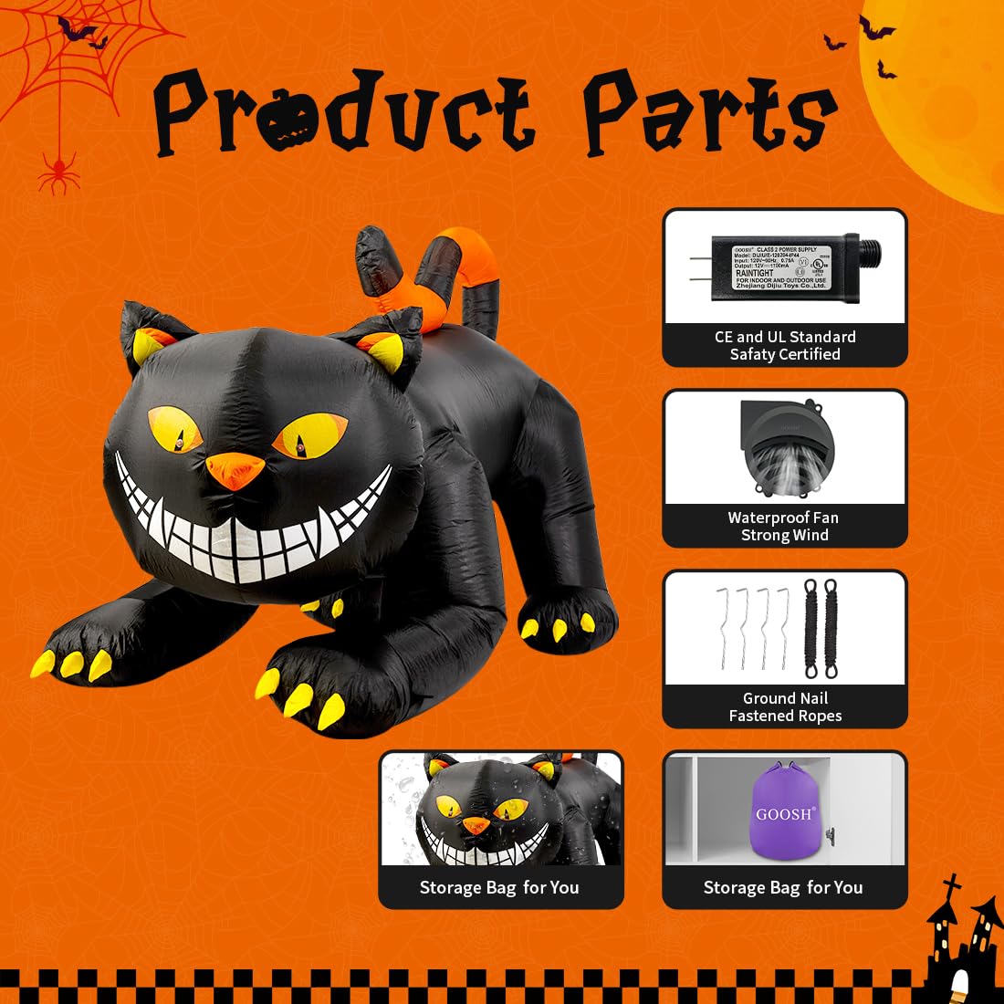 GOOSH 6 FT Halloween Inflatables Outdoor Black Cat with Shakable Head, Blow Up Yard Decoration with LED Lights Built-in for Holiday/Party/Yard/Garden