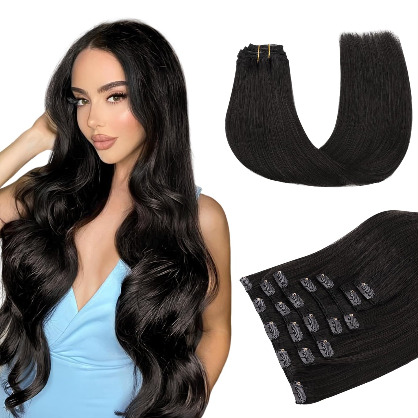 MAXITA Clip in Hair Extensions Real Human Hair, 18 Inch Natural Black 7pcs 120g, Remy Human Hair Extensions Clip in Black Hair E