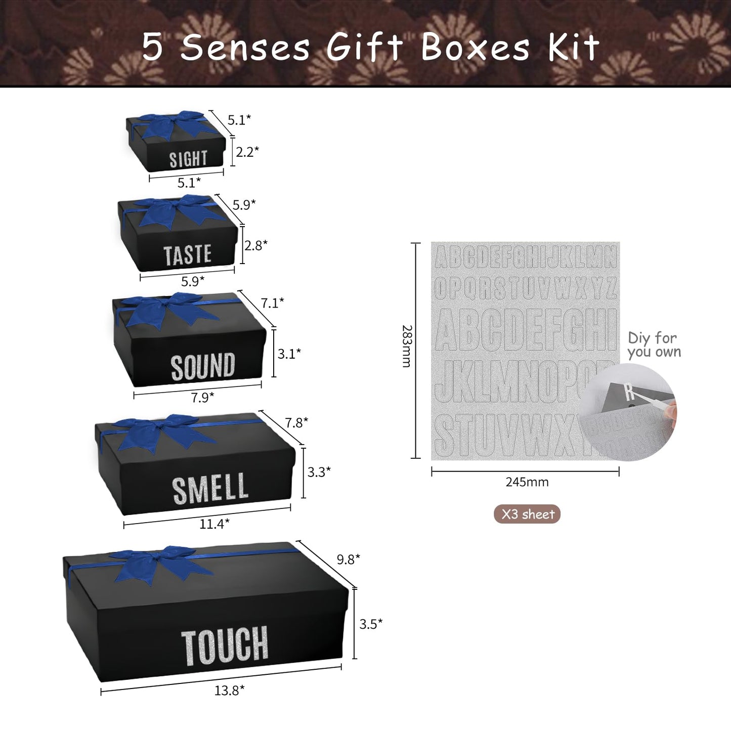 5 Senses Gift Boxes for Him Five Senses Gift Birthday Decorations Black Nesting Gift Boxes With Lids Happy Birthday Banner Balloon for Husband Boyfriend (Blue black)
