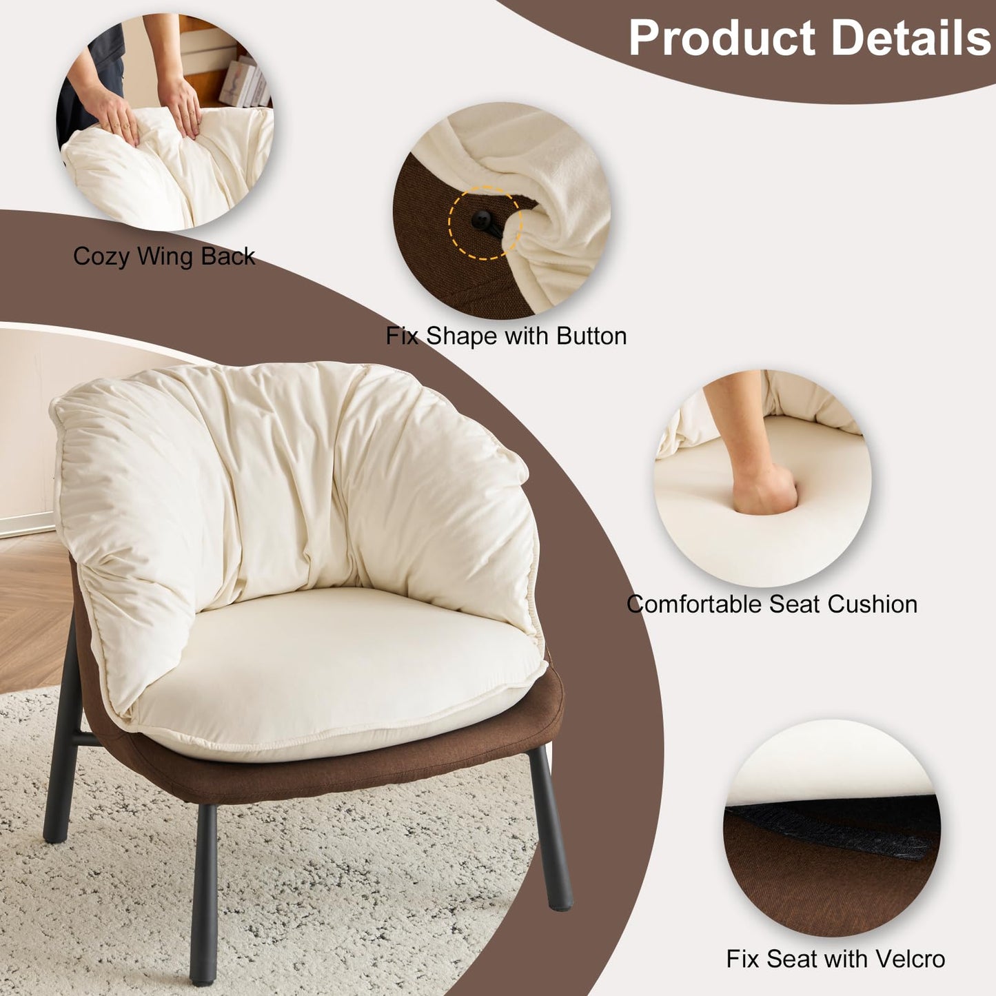 GODECOR Velvet Accent Chair Modern Barrel Chair with Metal Legs Comfy Armchair Accent Reading Chair for Living Room/Bedroom/Study Room/Home Office,Beige & Brown