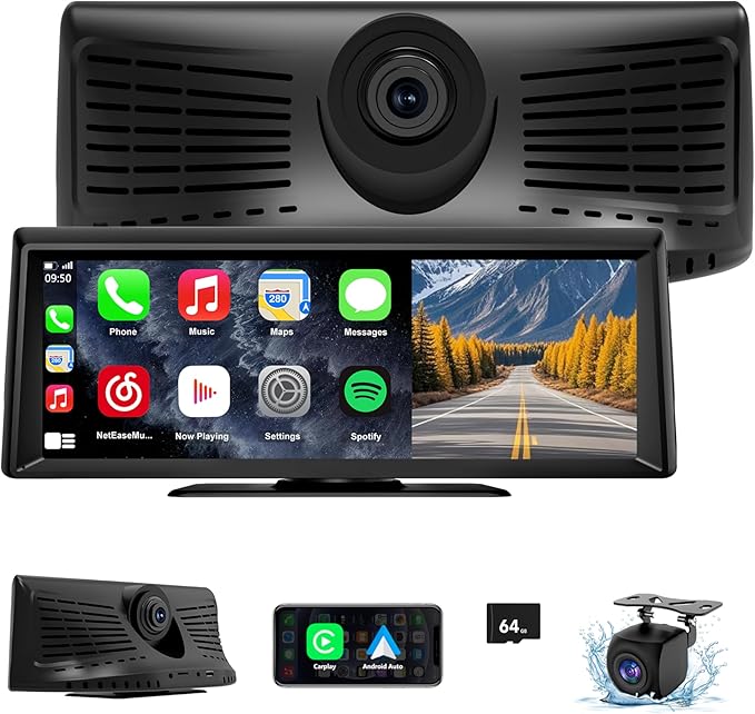 Apenet Wireless CarPlay Screen with 2K Dash Cam, 8.1" Portable Touchscreen Car Stereo with CarPlay & Android Auto, 1080P B...