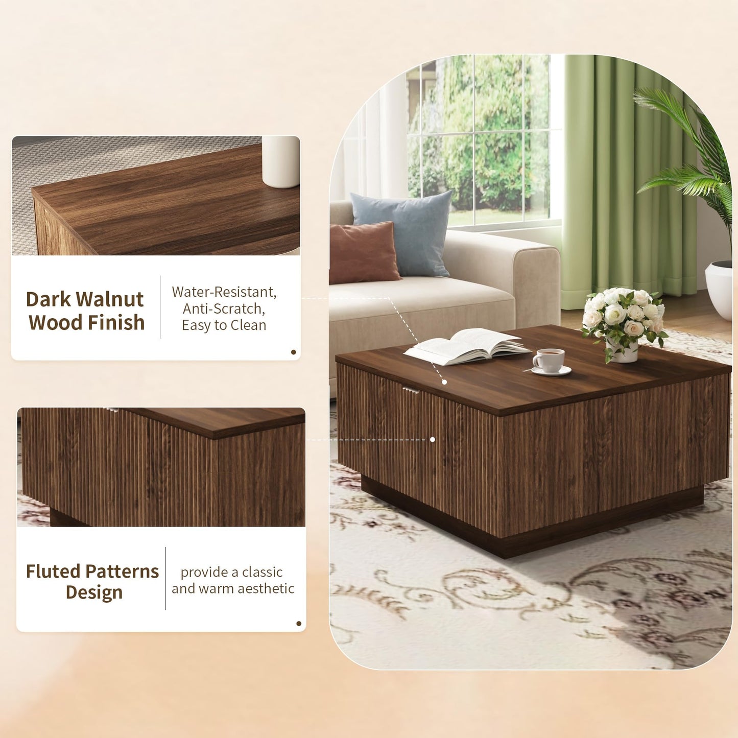 Epecoya 31" Lift Top Coffee Table with Hidden Storage & Farmhouse Fluted Design, Square Wooden Lift-Top Table for Living Room, Apartment, Small Spaces, Brown Walnut