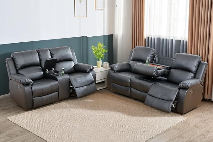 A Ainehome Living Room Furniture Set Leather Recliner Sofa Set Loveseat Chair Furniture Sofa Set for Living Room/Small Space/Rv/House/Office/Theater Seating (A-Black Leather, Sofa+Loveseat)
