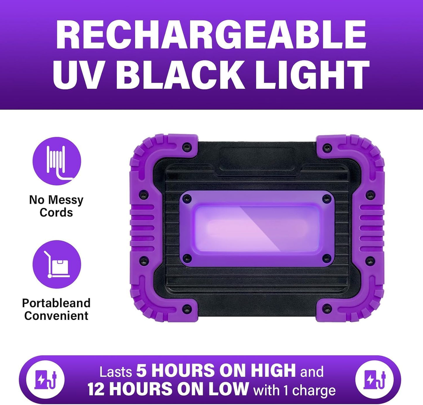 Rechargeable Black Light, Battery Powered Blacklight, Cordless 395nm Ultraviolet Flood Light for Neon Glow Party,Halloween,Body Painting,2 Packs