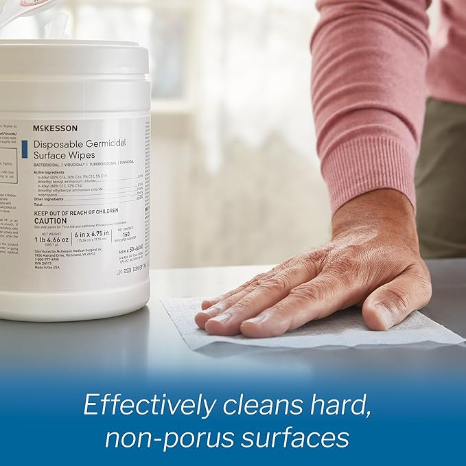 McKesson Germicidal Surface Wipes, Pre-Moistened Alcohol Cleaning Wipes for Hard Surfaces, Non-Woven Cloth - 6 in x 6 3/4 in, 160 Wipes, 1 Pack, 1 Count (Pack of 160)