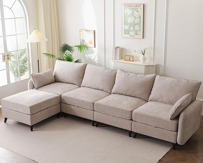 Rexulqo 135'' Modular Sectional Sofa with All Seats Storage, Oversized L Shaped Couch for Living Room,4-Seater Comfy Cloud Couches with Movable Ottoman,Big Sectional for Bedroom,Velet,Khaki