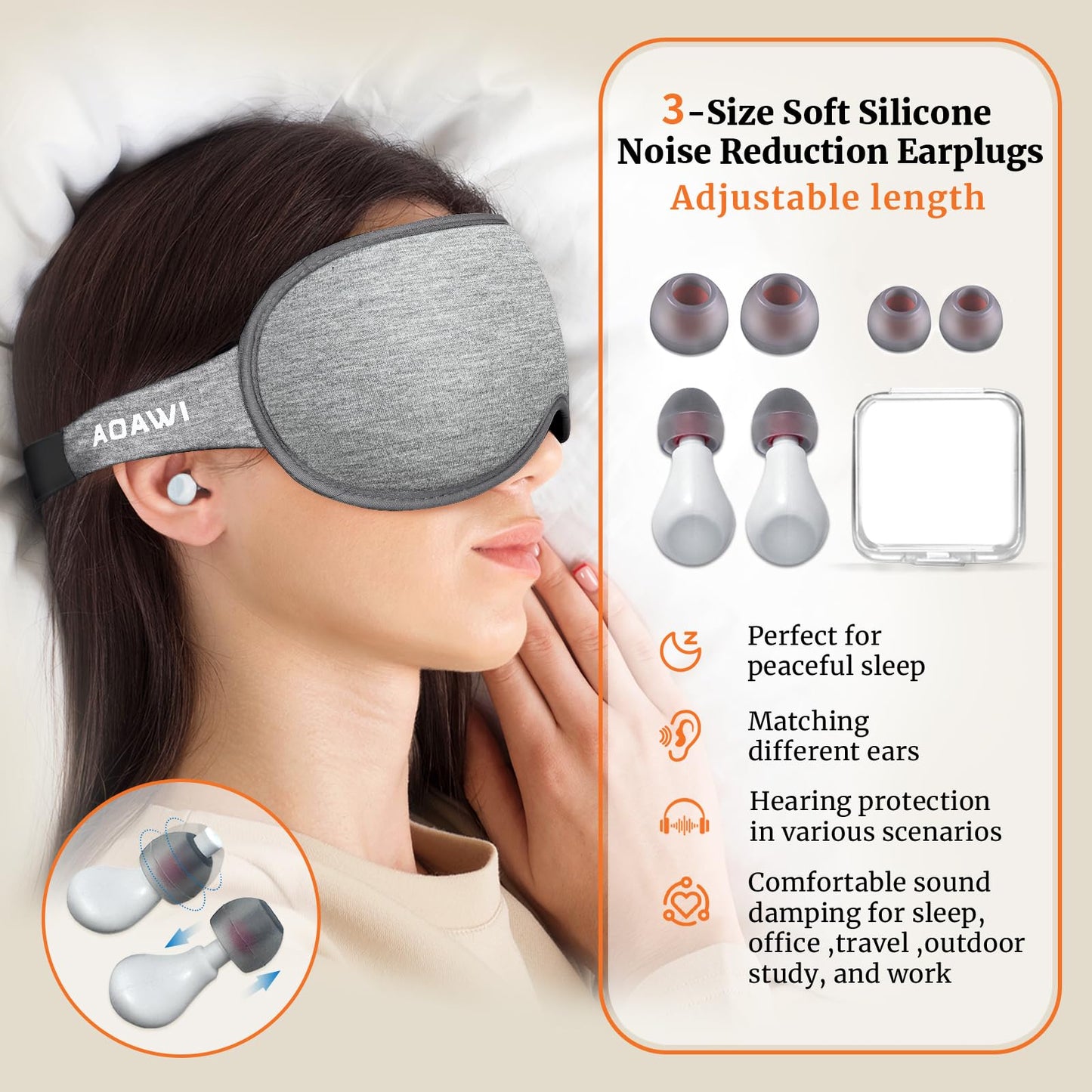 AOAWI Sleep Eye Mask 3D Contoured cup Soft and Gentle, Breathable, Comfortable for side sleeping, Travellers, Yoga, Men, Women, Adjustable, with silicone Ear Plugs for Sleeping Noise Reductions (Grey)