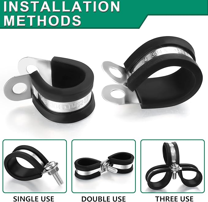 30pcs 1/4 Inch Stainless Steel Rubber Coated Cushioned Insulated Cable Clamps,Automotive Pipe Metal Clamps for Tube,Lines,Wire Cord Installation(Black,6mm)