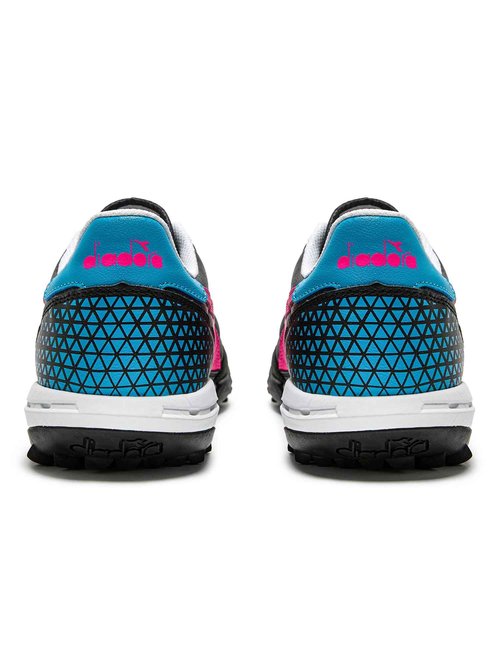 Diadora Calcetto LT Turf Soccer Shoes - Full Grain Leather, Enhanced Cushioning, Anti-Wear Rubber, Synthetic Turf, Optimal Traction and Stability, Black/Pink/Cyan Blue, 8.5 UK