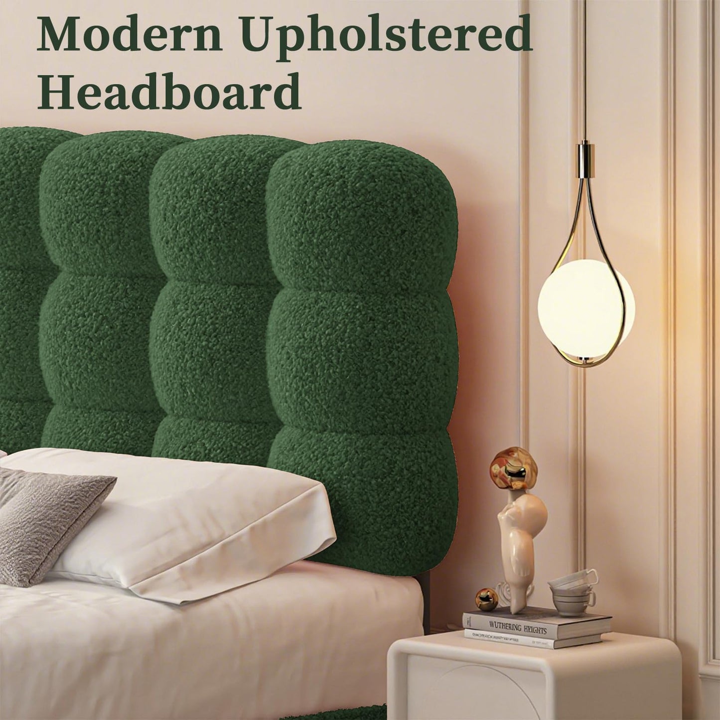 Queen Bed Frame with Upholstered Headboard, Platform Bed with Strong Wooden Slats Support, Two Bed Forms Design, No Boxing Spring Needed, Easy Assembly, Green