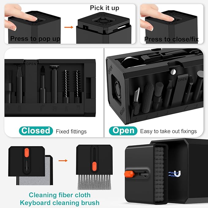 VICHYIE Keyboard Cleaning Kit with Brush, Computer Laptop Cleaner Kit, Phone Cleaning Tool, Multi-Function Cleaner Kit for Earbuds, Cellphones, PC, Screens, Camera Lens, Electronics Devices (Black)