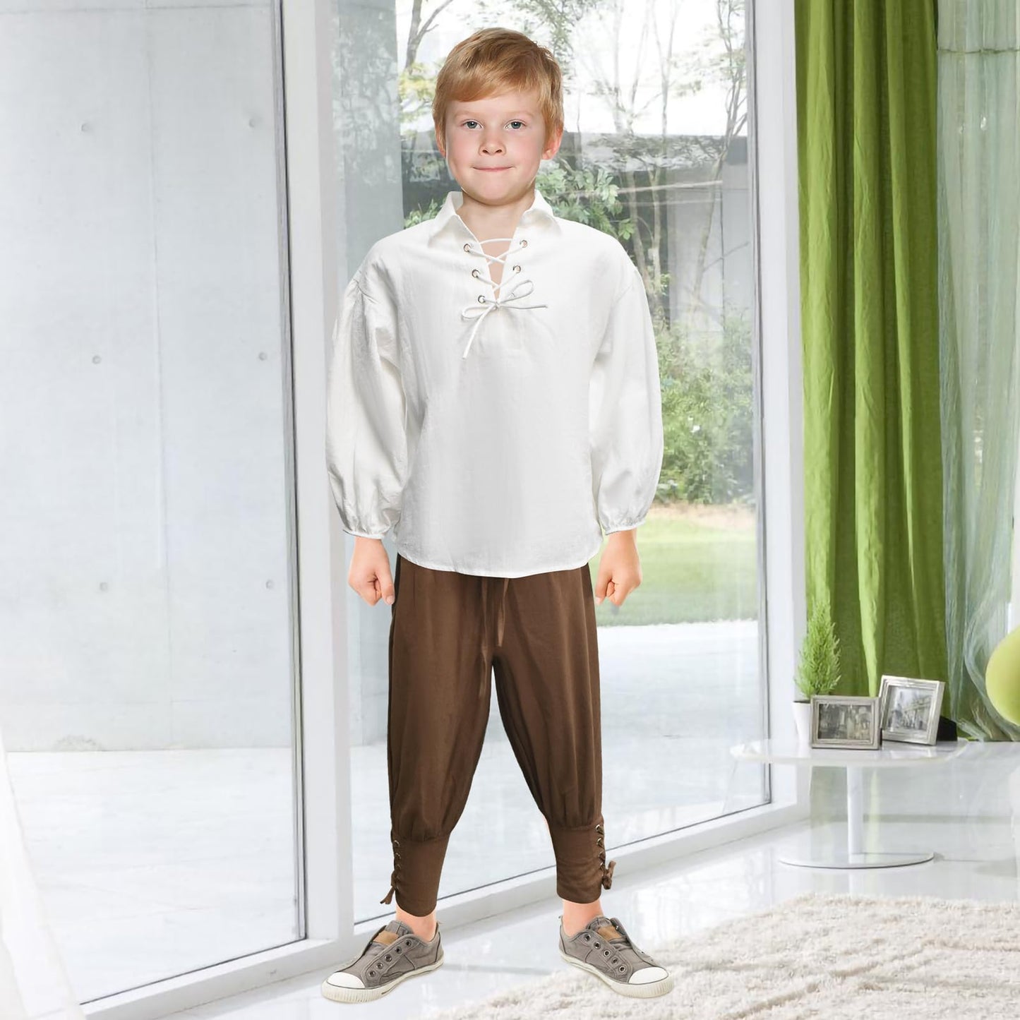 Prebene Boys Medieval Pirate Set Shirt & Ankle Pants Kids Renaissance Halloween Costume Scottish Jacobite Tops and Trousers (White+Brown, 10-12T)