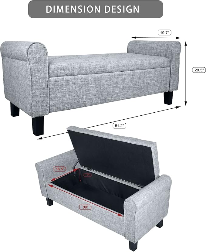 Babion Storage Bench for Bedroom, Button Linen Fabric, 51 Inch, End of Bed Storage, Upholstered Rolled Arm Window Seat with Solid Wood Legs, Dark Grey