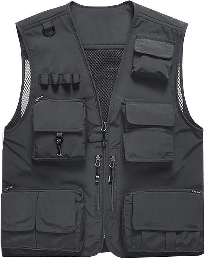 Flygo Men's Casual Lightweight Outdoor Fishing Work Safari Travel Photo Cargo Vest Jacket Multi Pockets