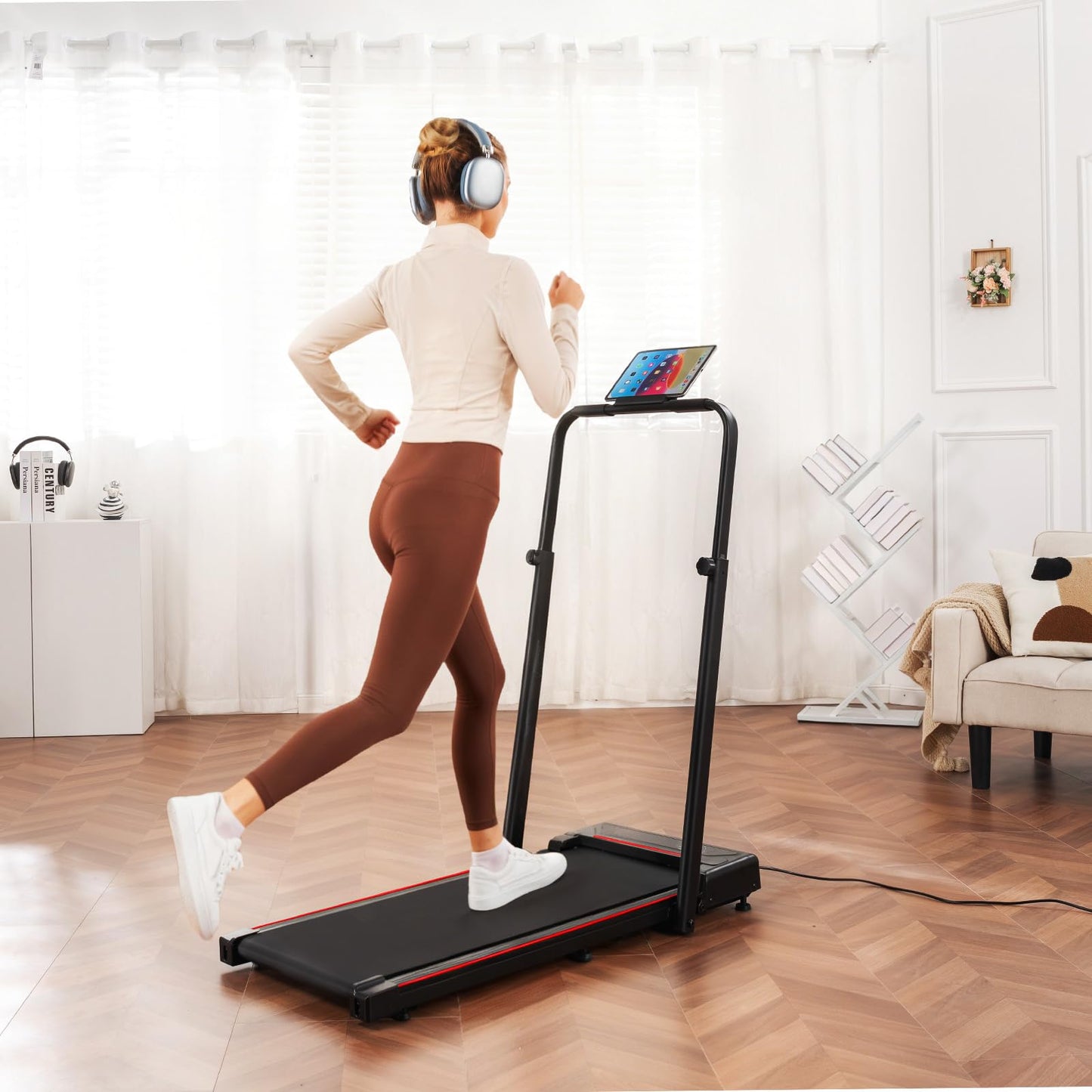 GTPLAYER Walking Pad Treadmill with Adjustable Height Handle Bar, 3HP Quiet Foldable Under Desk Treadmill, Portable Treadmills for Home 350LBS with Remote Control LED Display, Red