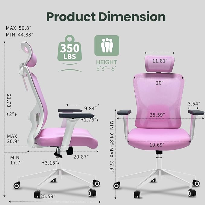 ZYFFHYLAI Ergonomic Office Chair - 350LB Mesh Office Chair with Adjustable Lumbar, High Back Computer Desk Chair with 3D Armrests, Comfy Chair with 2D Headrest & Tilt Function for Study, Work, Gaming