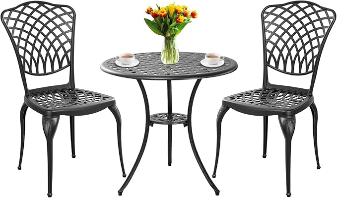 Withniture 3 Piece Bistro Table Set Anti-Rust Outdoor Bistro Set Cast Alumiunm Patio Table and Chairs Set for 2, Patio Bistro Set Furniture Black