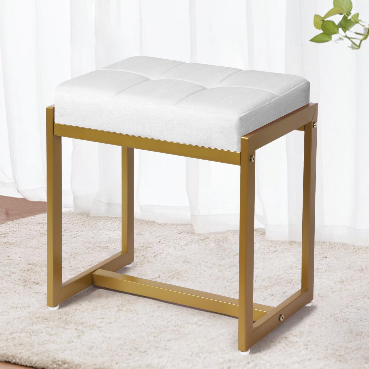 Faux Fur Vanity Stool Chair, Vanity Chair with Gold Metal Leg, Furry Soft Padded Makeup Footstools Seat Ottoman, Modern Chairs for Makeup, Bedroom, Square Small Stool Bench for Vanity White&Gold