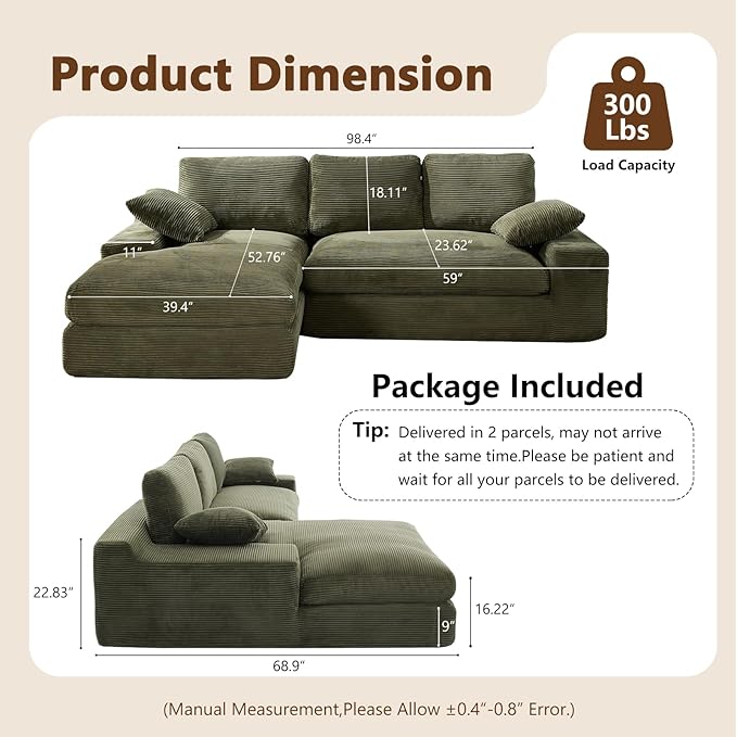 98.4" Green Sectional Sofa Cloud Modular Sectional Couch with Chaise,Corduroy Sectional Couches L-Shaped Modern Upholstered Sofa with Deep Seat for Living Room and Bedroom,No Assembly Required(Green)