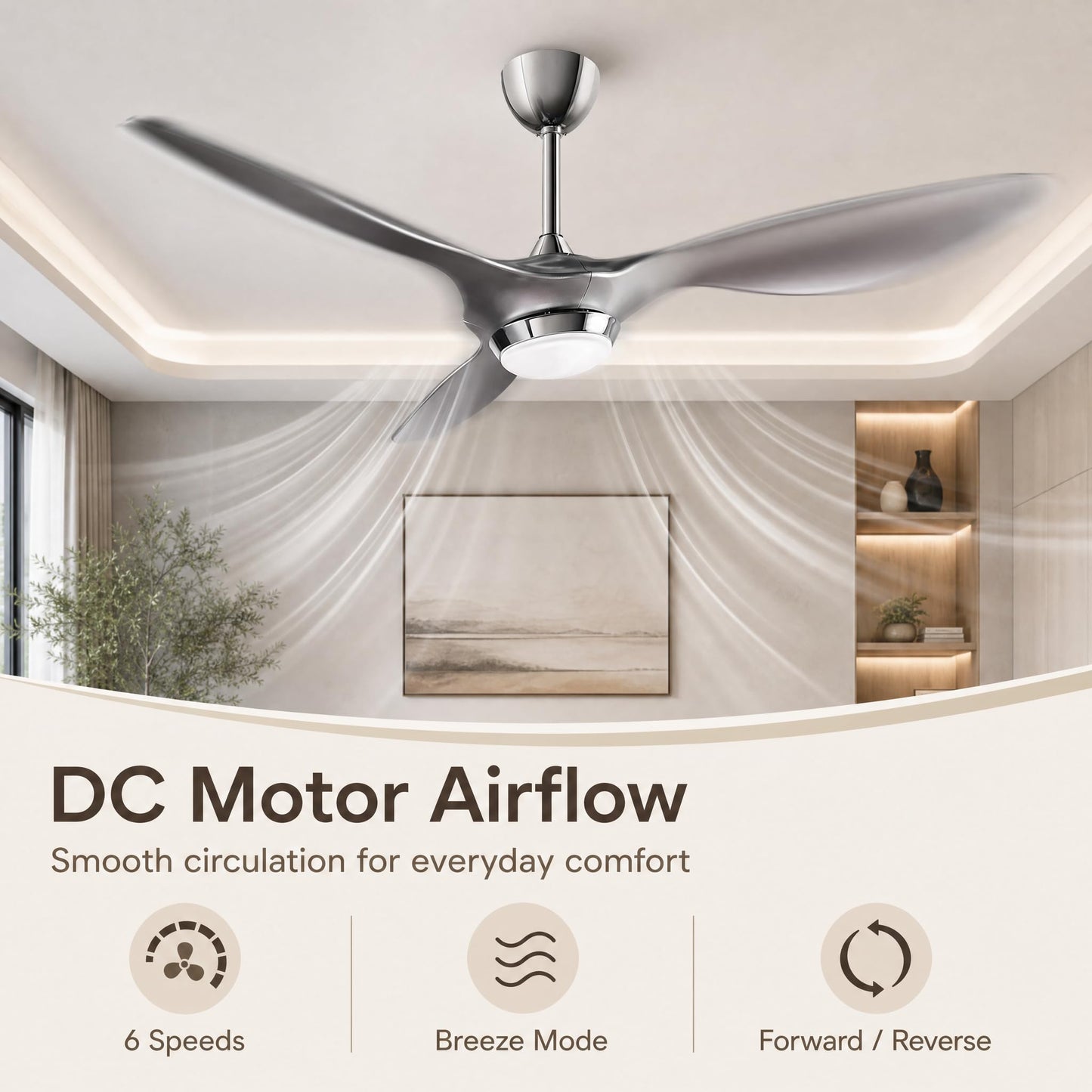 reiga 52 Inch Modern Smart Wifi Ceiling Fan with Light and Remote Control, Living Room Bedroom patio 3 Blade Ceiling Fans with Reversible Mute DC Moto