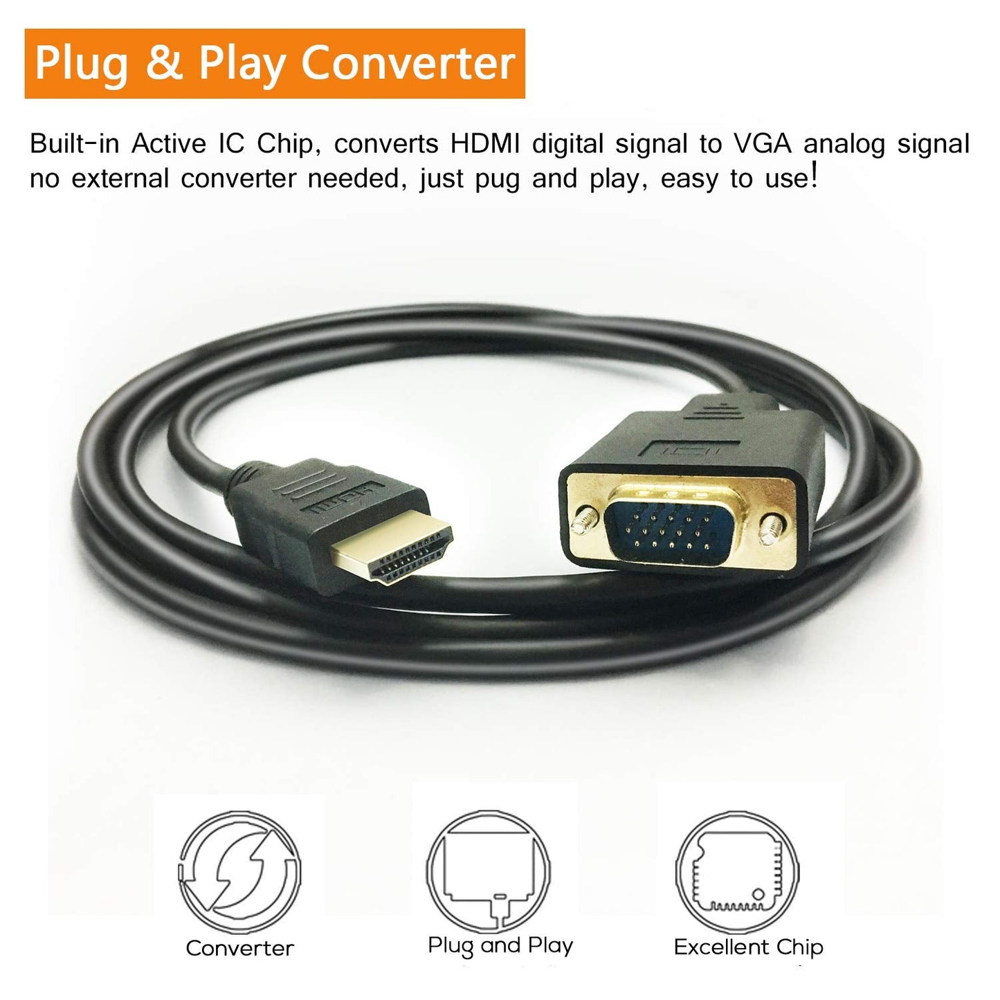 Peotriol Hdmi To Vga Cable, 1080P Hdmi Male To Vga Male M/M Video Converter Cord Adapter Compatible With Hdmi Desktop, Laptop, D