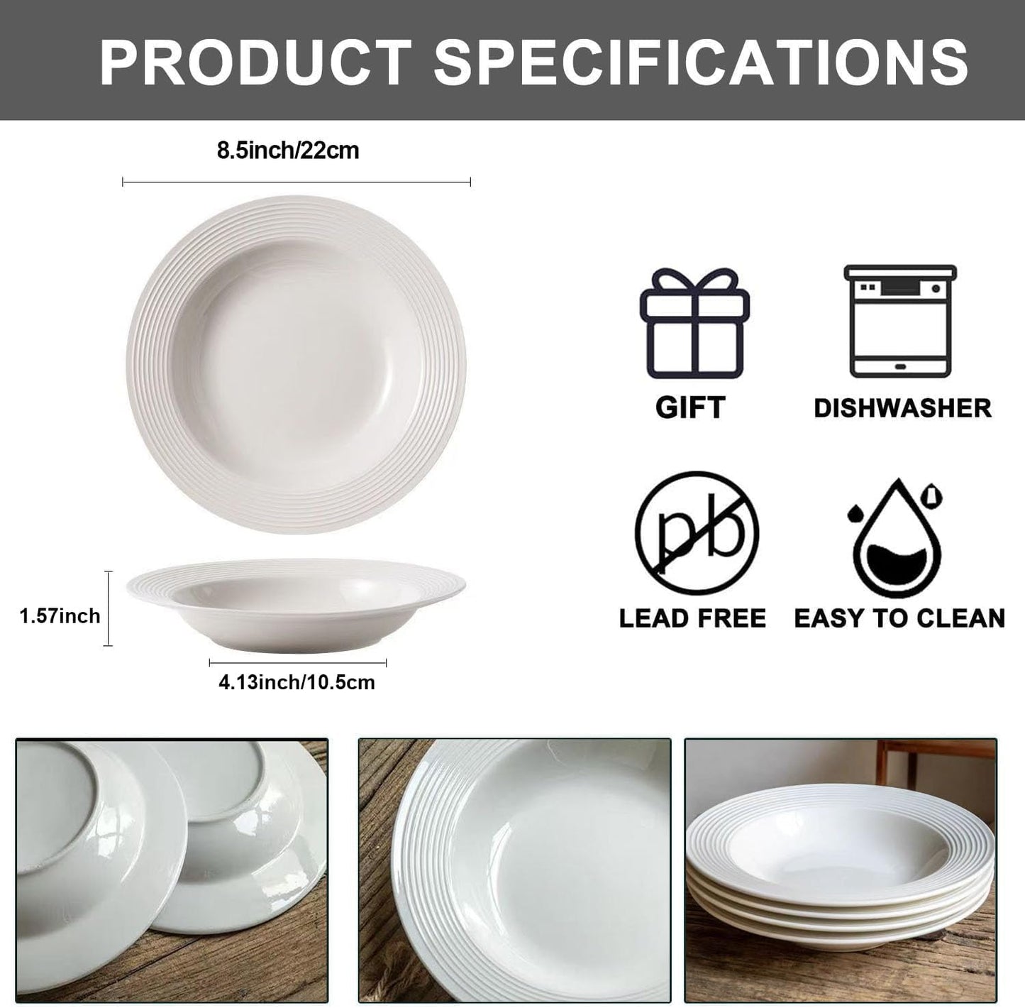 Pasta Bowls Plates Set of 4, 8.5inch Ceramic Plates tableware,Salad,Shallow Soup for Pasta, Soup, Microwave & Dishwasher Safe (4)