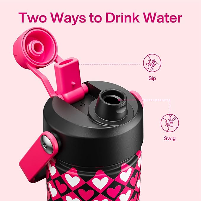 ENCOOL Valentine's Day Insulated Water Bottle with Straw Stainless Steel Water Bottle, Leak-Proof, BPA-Free, Keeps Cold for 24 Hours for Sports, Travel, School (26 oz, Bold Hearts Mono x Red)