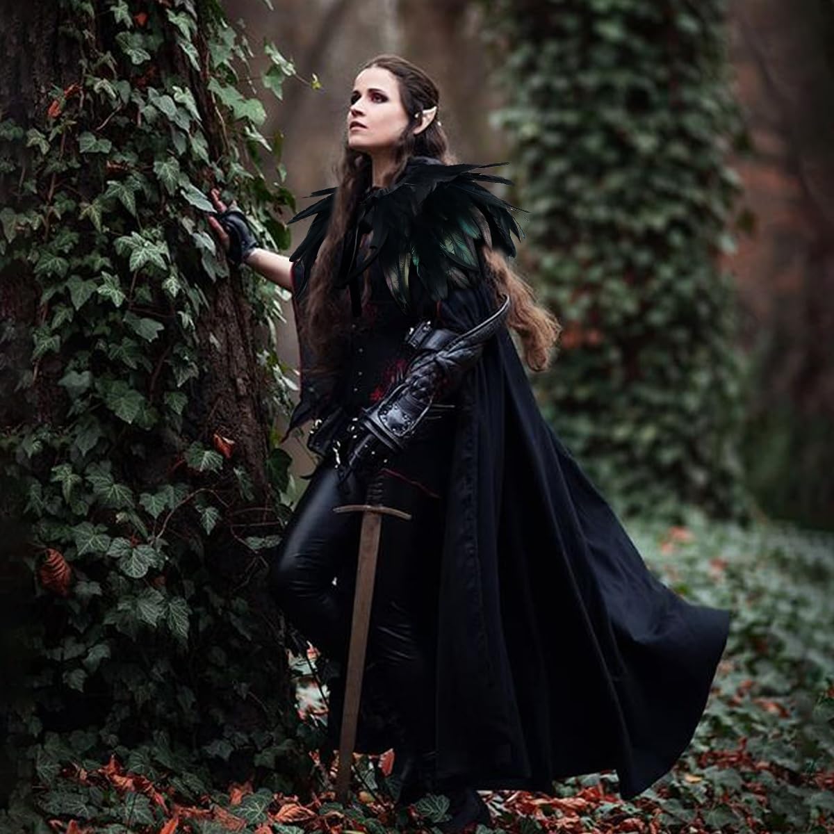 Joukavor Women Men Velvet Cape with Natural Gothic Feather Shawl Cape for Halloween (Black)