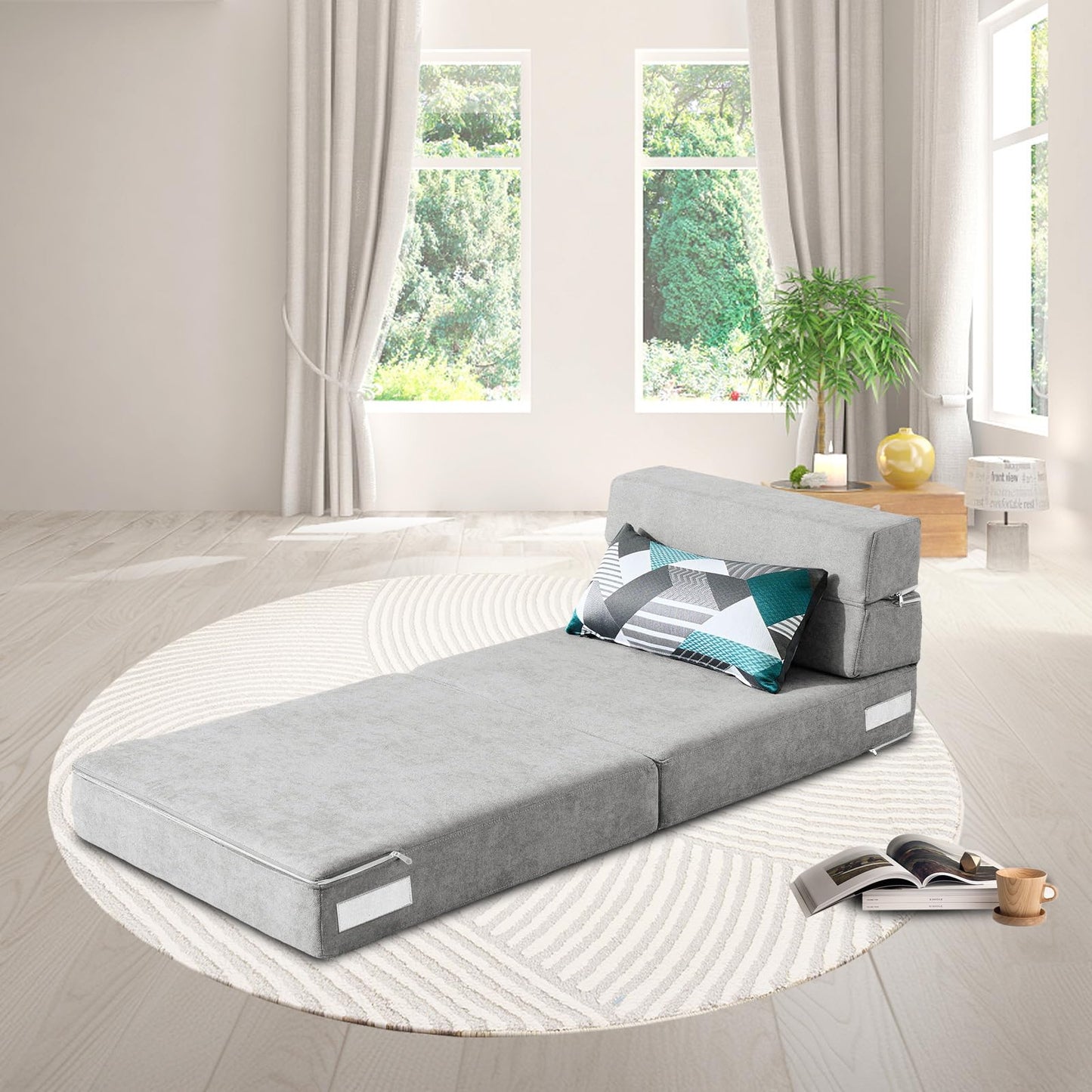 ANONER Folding Sofa Bed Couch Memory Foam Fold Out Chair Bed with Pillow, Single Size Convertible Sofa Bed Futon Sleeper Chair, Light Gray
