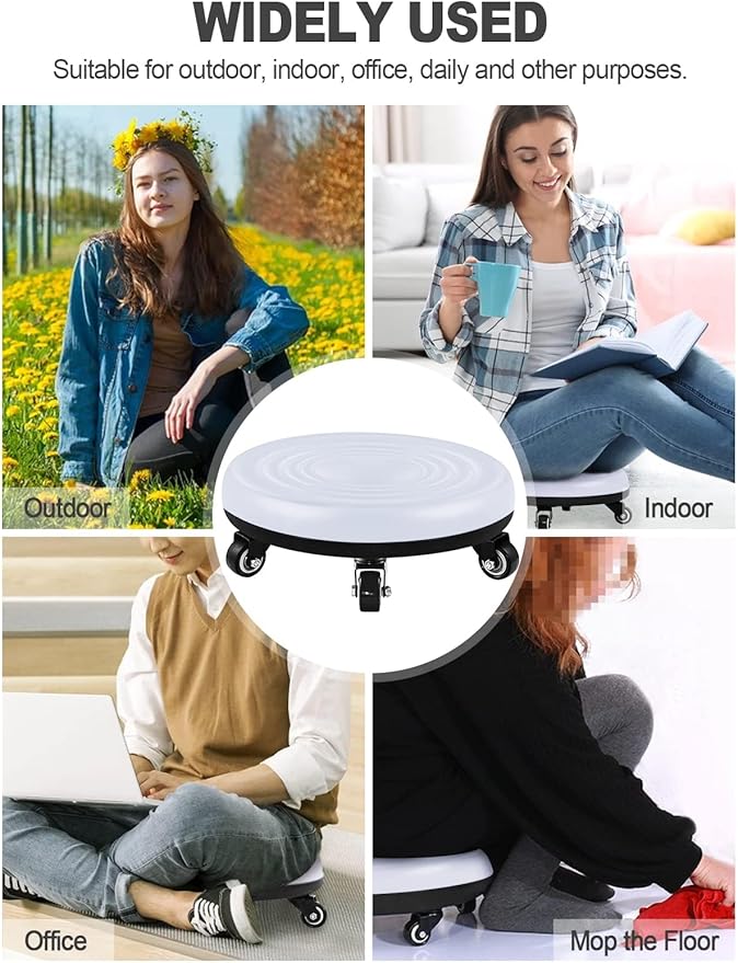 Lanstics Low Rolling Stool White Short Roller Seat Stool Unadjustable Leather Low Roller Seat Stools (White)