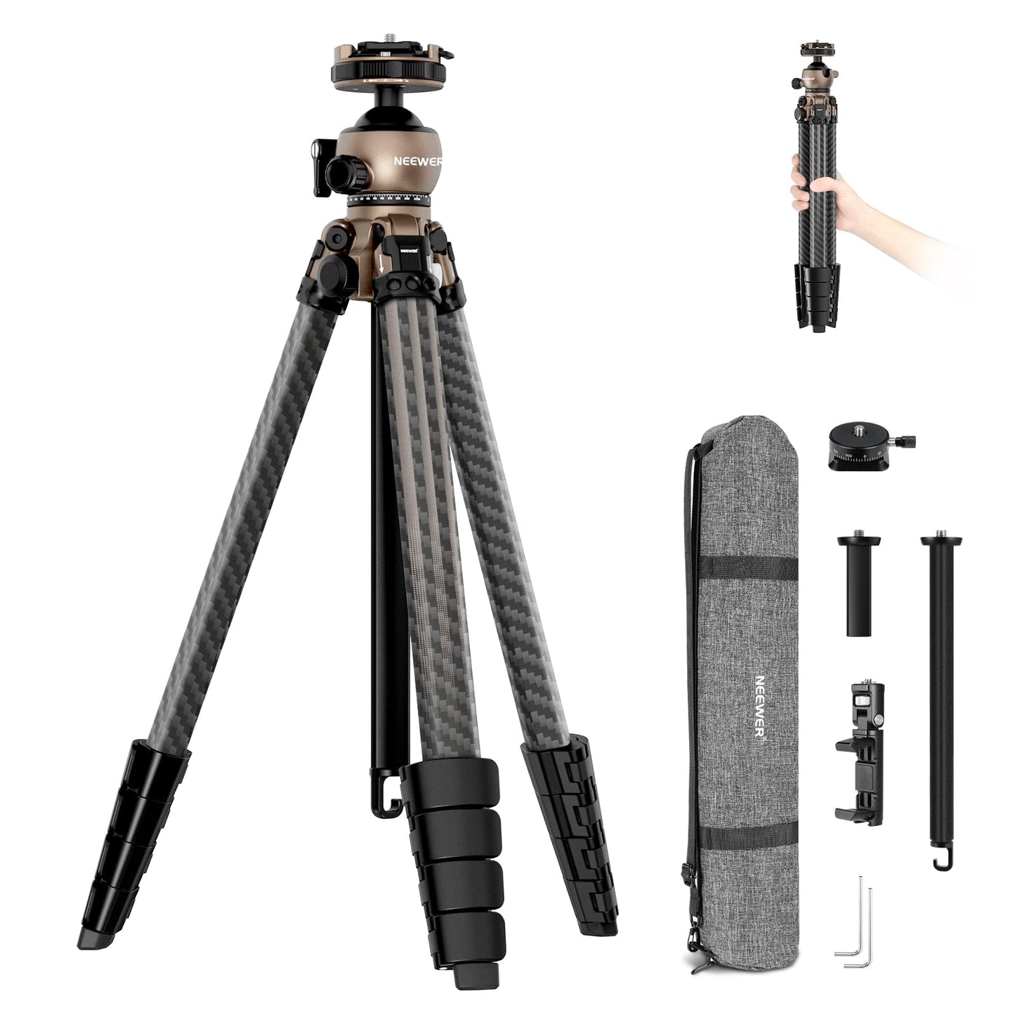 Neewer Litetrip Lt35 61  Travel Tripod Carbon Fiber W Pan Tilt Low Profile Ball Head, Arca Qr Plate Compatible With Peak Design