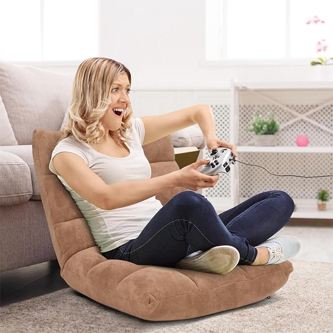 Folding Floor Chair w/Back Support, 14-Position Adjustable Lazy Sofa Chair w/Coral Velvet Fabric & Alloy Steel Frame, Portable Meditation Chair for Reading, Gaming,Sleeping (Beige)