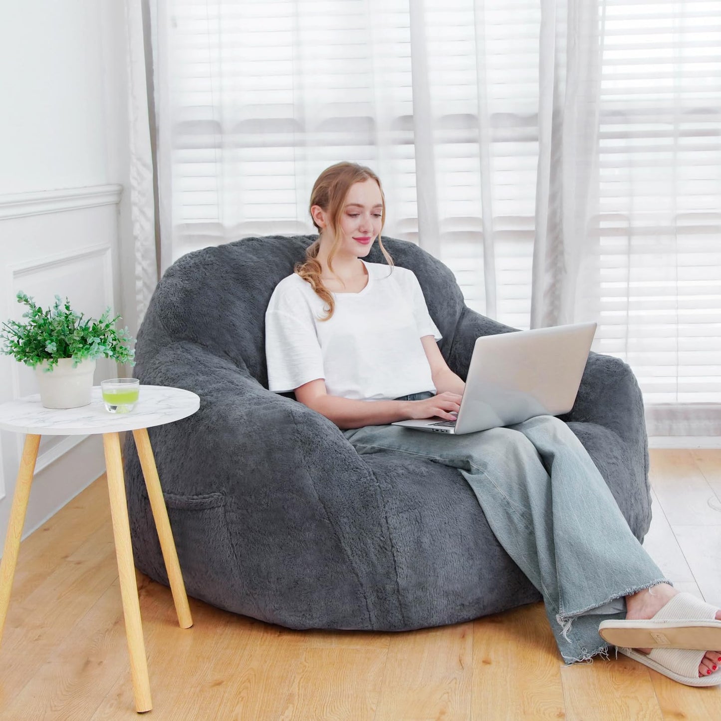 GOHOROS Giant Bean Bag Chair, Oversized Bean Bag Chairs for Adults and Kids, Gaming Chair Stuffed Memory Foam | Storage | Non-Slip, Removable Bean Bag Sofa Comfy Chair for Bedroom, Livingroom (Grey)
