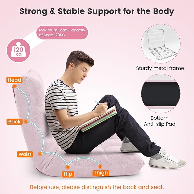 MAT EXPERT 14-Position Floor Chair, Floor Gaming Chair w/Soft Coral Fleece, Alloy Steel Frame, Padded Lazy Couch Recliner, Floor Chair with Back Support for Reading, Meditating (Pale Pink)