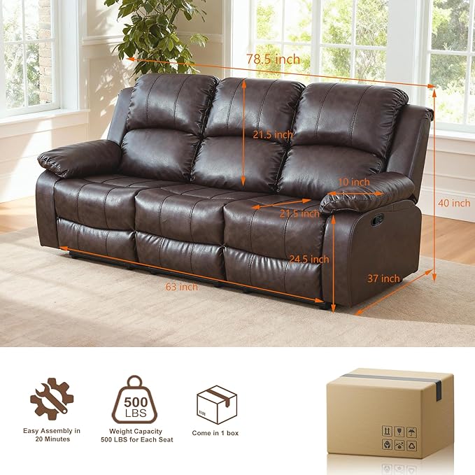 Saxum Tegmen Living Room Furniture Sets, Leather Recliner Sofa, Sectional Couch with Convertible Table & Cup Holders,1 Piece Furniture for Living Room/RV/Office (Sofa, Brown Leather)