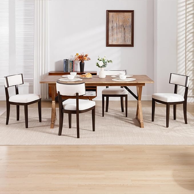 DM Furniture Farmhouse Dining Chairs Set of 4 Upholstered Linen Fabric Dining Room Chairs Mid Century Modern Kitchen Chairs Solid Wood Dinner Chair with Curved Wing Back for Dining/Living Room