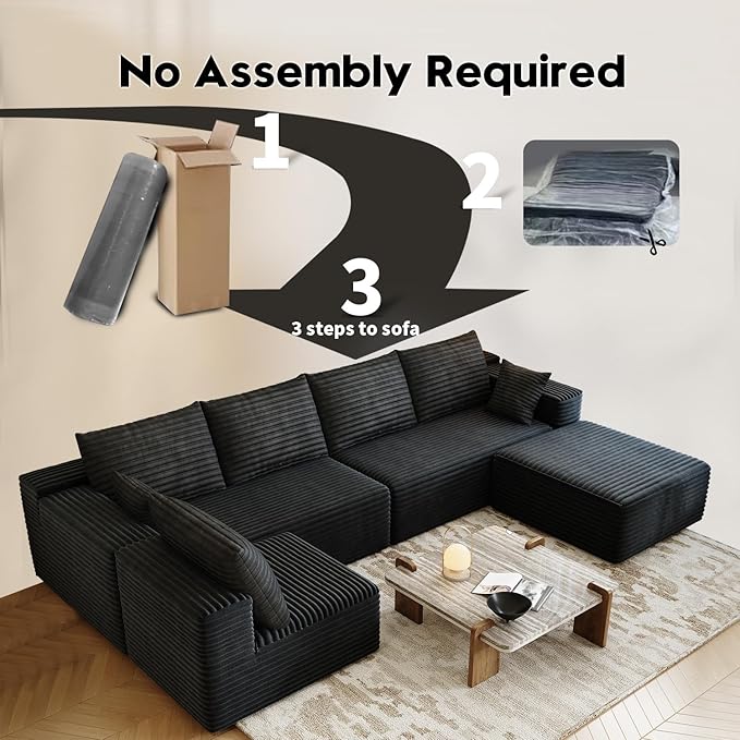 139.4" Modular Sectional Sofa, U-Shaped Minimalist Couches with Ottoman and Middle Seat, Modern Deep Seat Convertible Sleeper Sofa Bed, Reversible Chaise, Cloud Plush Corduroy Fabric,6 Seater, Black