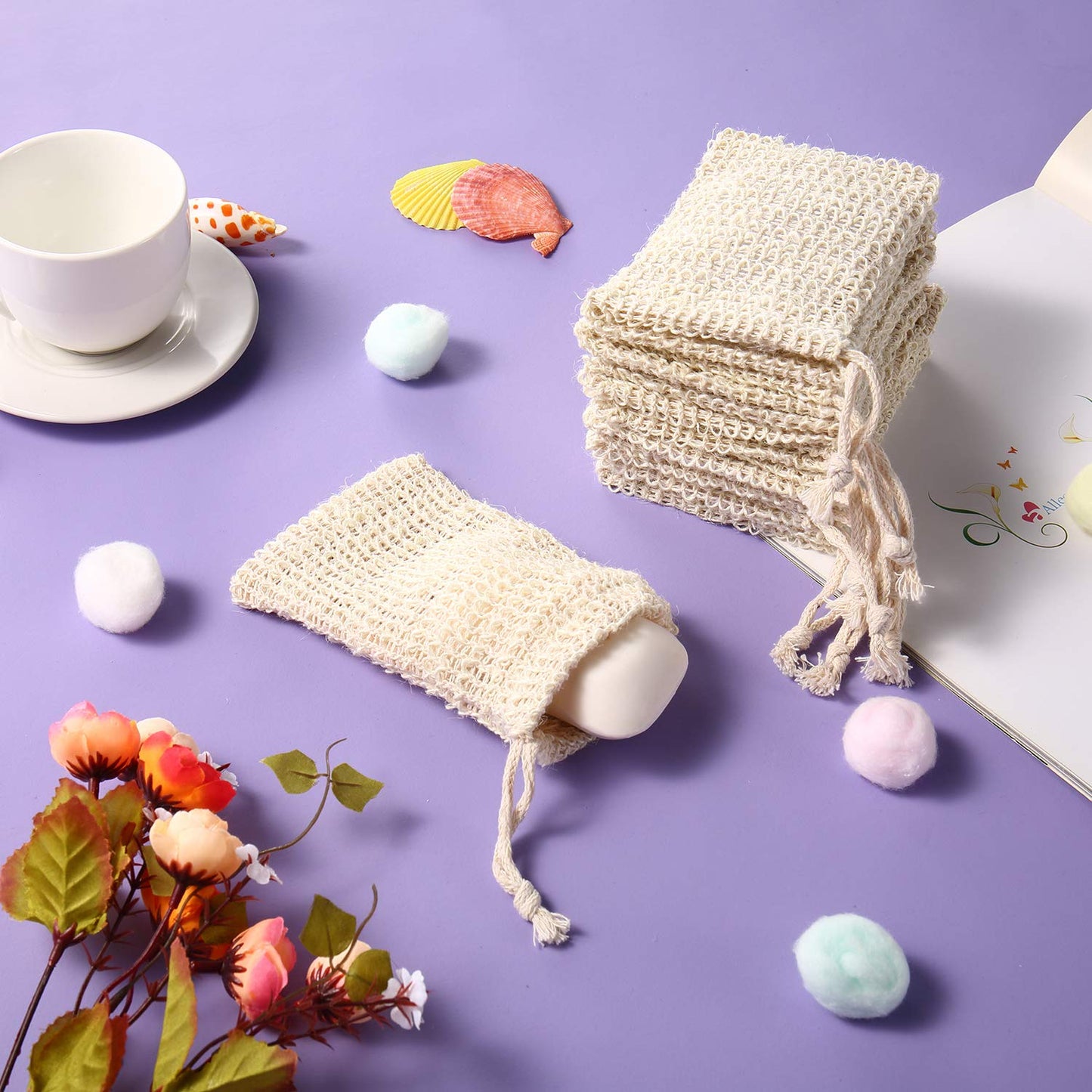 Trounistro 30 Pack Soap Exfoliating Bag Pouch Soap Saver Natural Ramie Soap Bag Hand Made Soap Bag Mesh Soap with Drawstring for