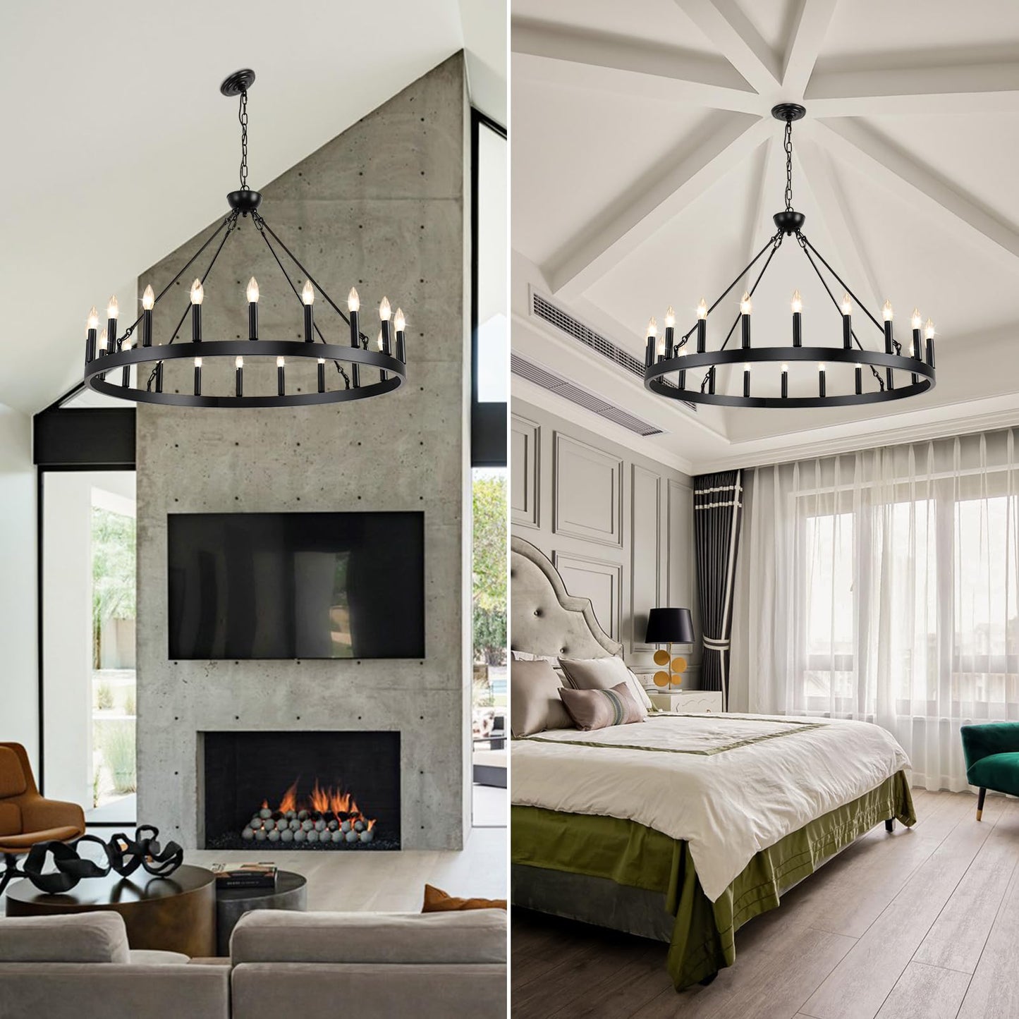VBKK Wagon Wheel Chandeliers 40" 20-Light, Black Modern Farmhouse Chandelier with Adjustable Height, Hanging Island Light Fixture for Dining Living Ceiling Room Outdoor