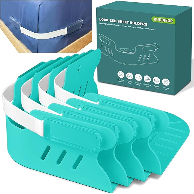 Bed Sheet Holders for Corners, 4Pcs Heavy Duty Fitted Sheet Holder with Lock Fastener Straps &Anti-Slip Pads Keep Sheets Firm&Tight, No More Loose Sheets, Easy Installation for Any Mattress (Green)