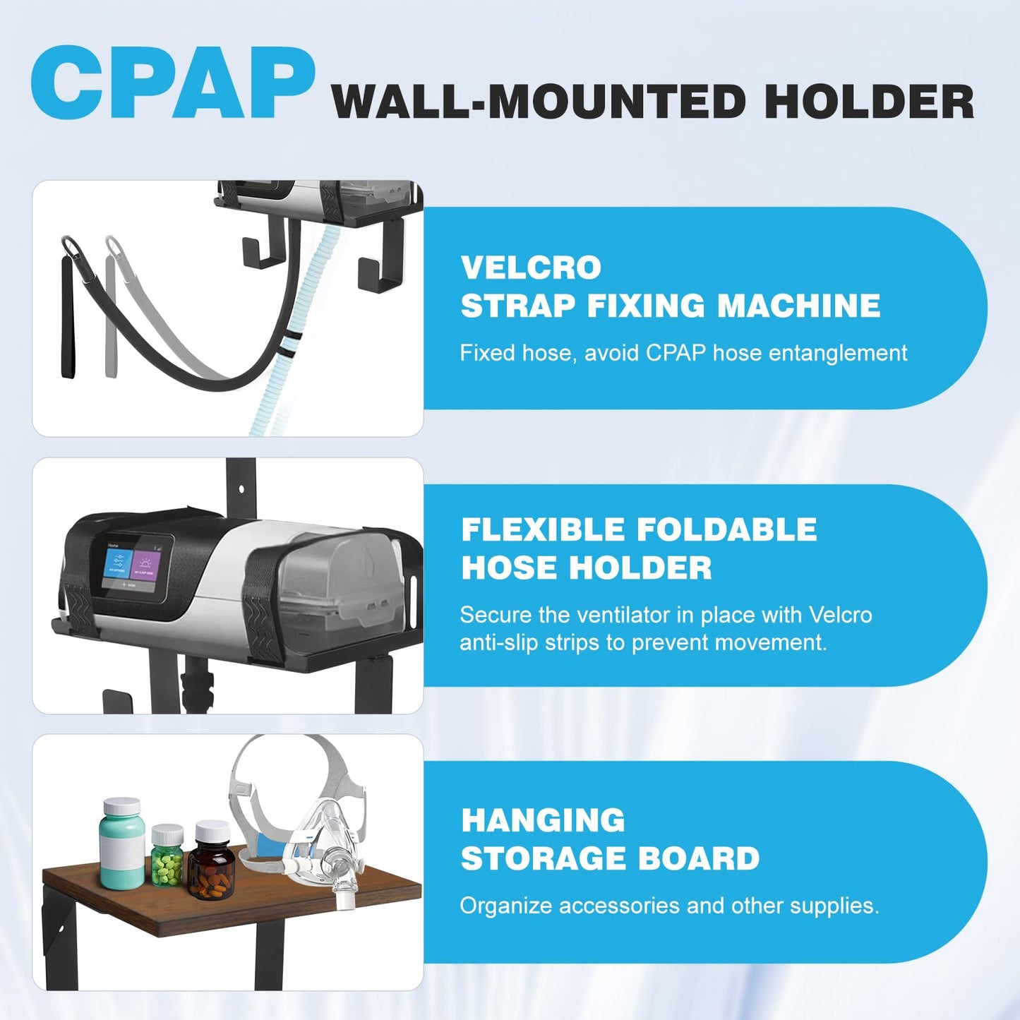 Upgraded CPAP Shelf Wall Mount, 2-Tier Organizer for ResMed AirSense 10 & 11 | with Adjustable CPAP Hose Holder & Mask Hook, Avoid Hose Entanglement | Bedside CPAP Stand to Reclaim Your Nightstand