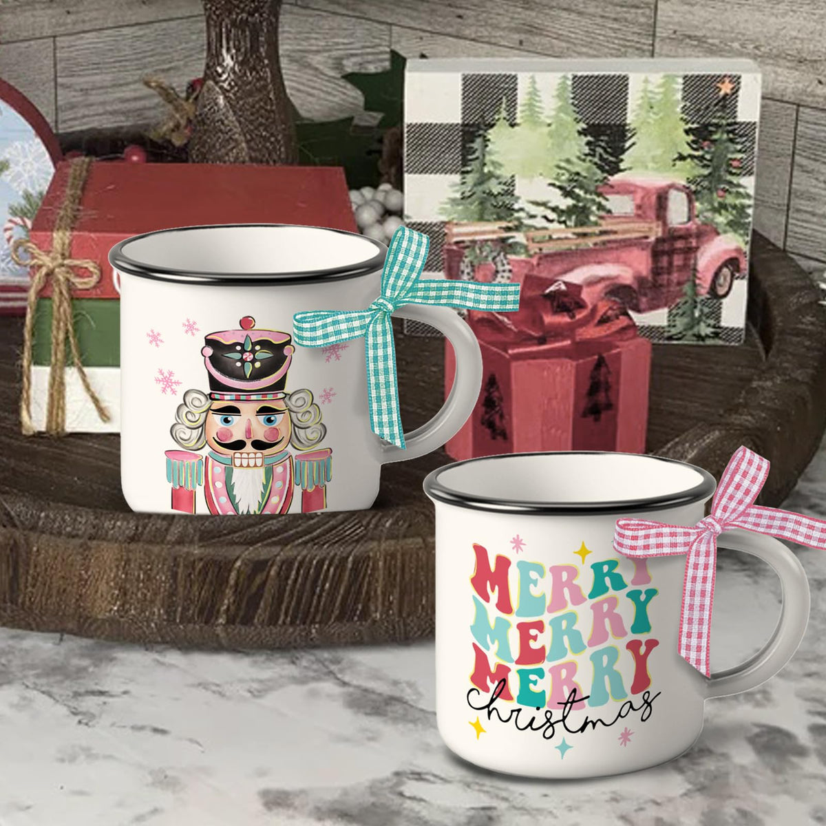 Paayna Merry Christmas Nutcracker Mini Coffee Mug Set of 3, White Xmas Tree 5 oz Mini Coffee Cups for Tiered Tray Decor, Winter Holiday Kitchen Coffee Bar Decorations Housewarming Gift