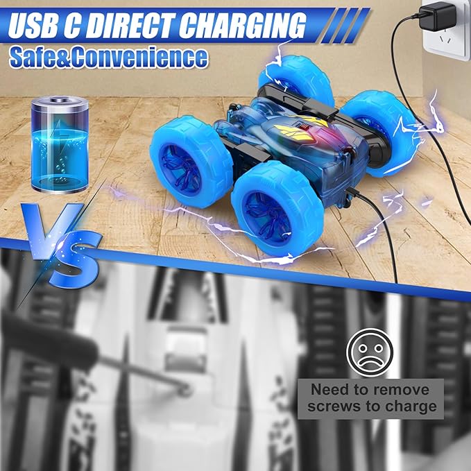 Remote Control Car,Stunt RC Cars For Kids with Colorful Light,Fast USB-C Charging,Double-Sided 360° Rotating Rechargeable 4WD RC Truck Car Toys for Ages 5-7 Gift for Boys Girls Ages 8-12(Blue)