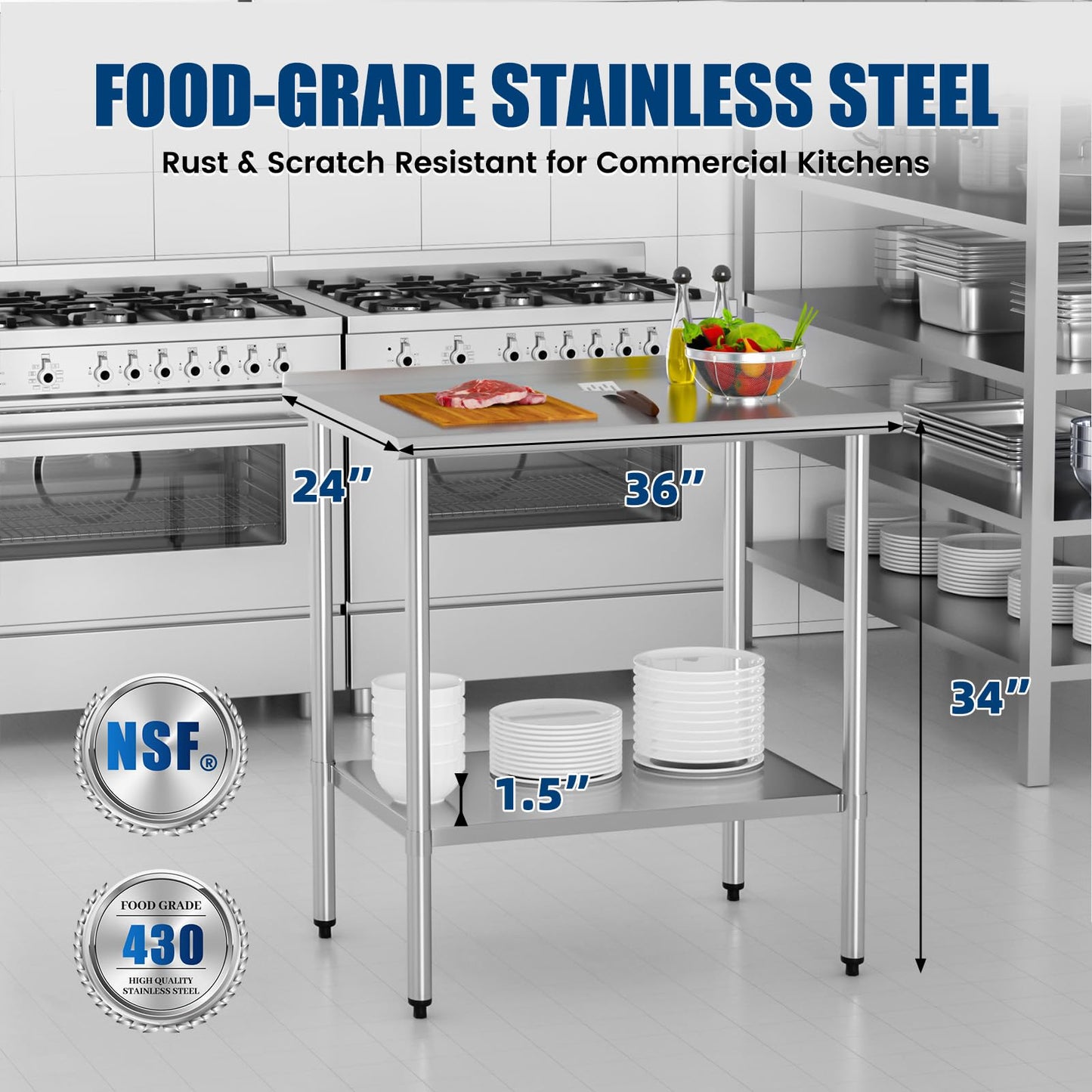 Chingoo Stainless Steel Work Table 24x36 Inch with Adjustable Undershelf & Backsplash, Heavy-Duty Prep Table for Commercial Kitchen, Restaurant, Garage, Outdoor