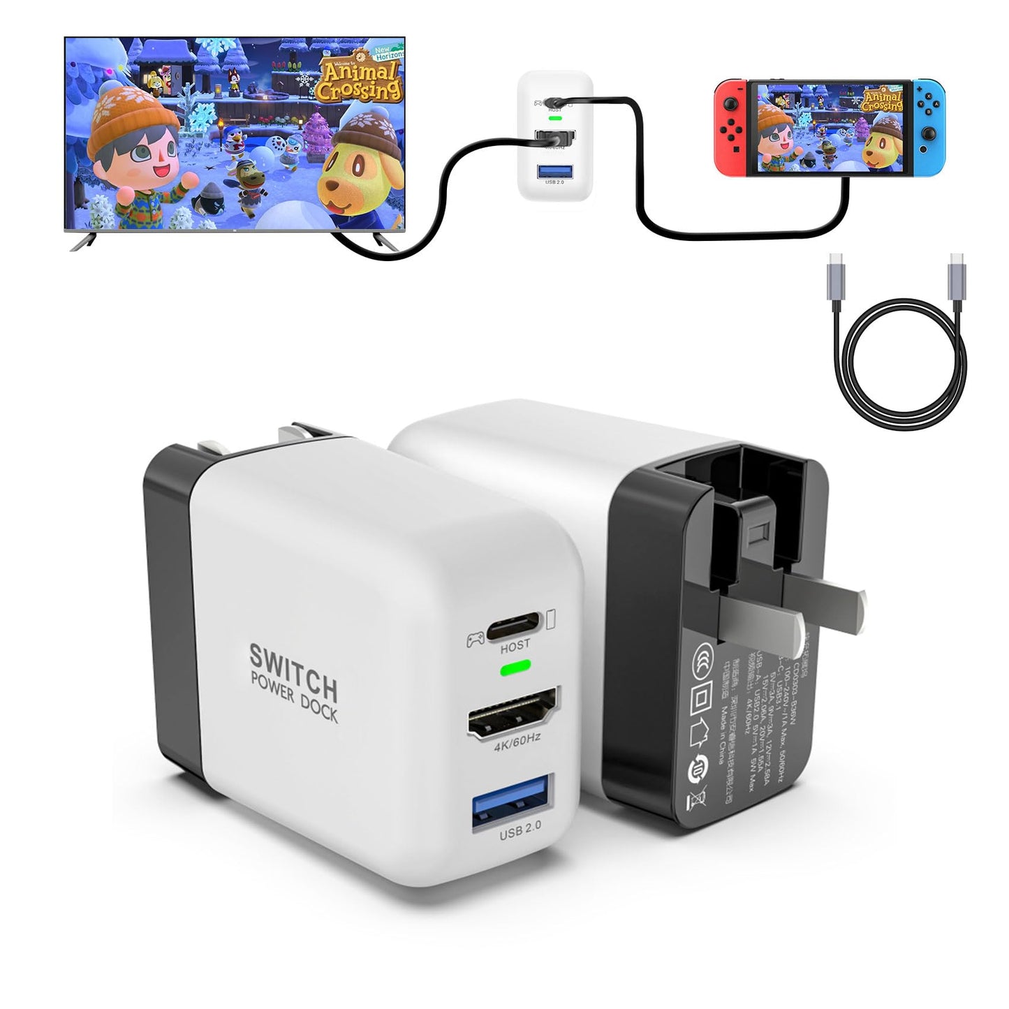 Switch Dock Charger for Nintendo Switch, Mirabox 36W Portable TV Docking Station with 4K@60Hz HDMI/USB2.0/PD USB-C Fast Charging