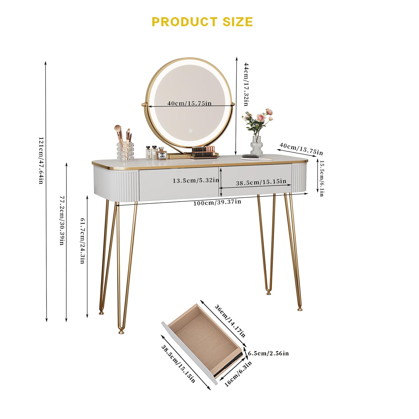 KDCAS Modern Vanity Desk with Mirror and Lights, 39" White and Gold Makeup Vanity Table with 2 Storage Drawers, Stylish Gold Dressing Table for Small Spaces & Bedroom