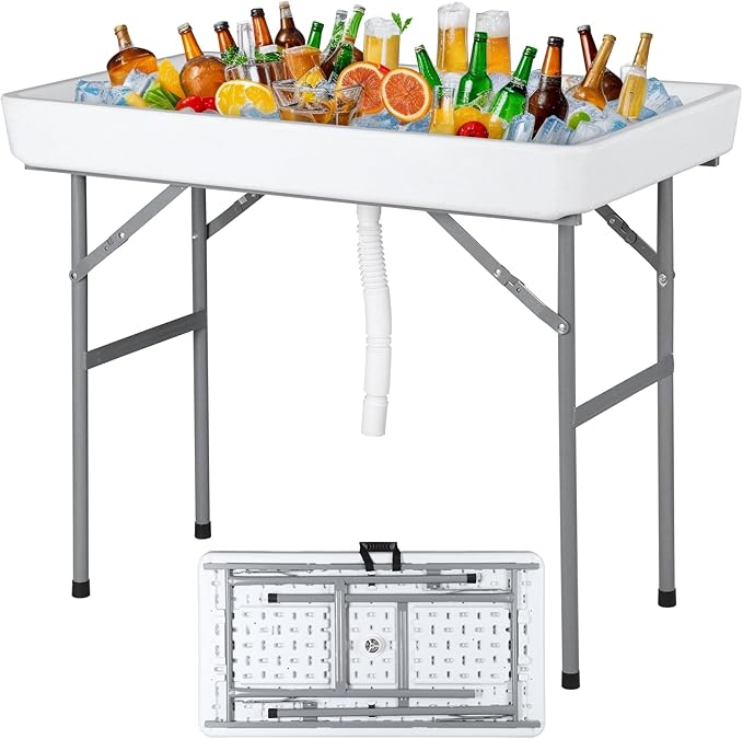 SUPER DEAL Party Ice Cooler Folding Table with 5L Bucket, Portable Outdoor Cooler Table with Removable Matching Skirt, Lar...