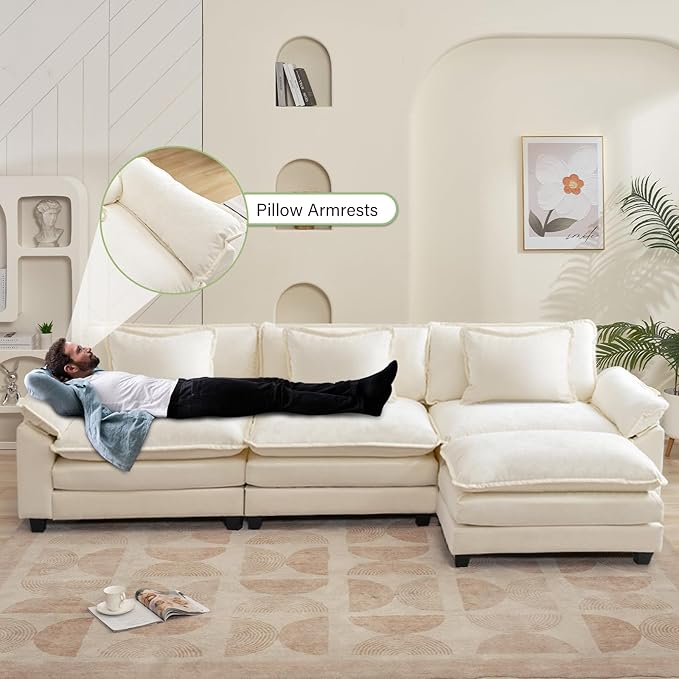 Oprisen 120" Modular Sectional Sofa, Comfy Cloud Couch Sectional Sofa with Ottoman, Chenille Sofa Sleeper Deep Seat Sofa with Throw Pillows for Living Room (Beige White, 120"- L Shape)