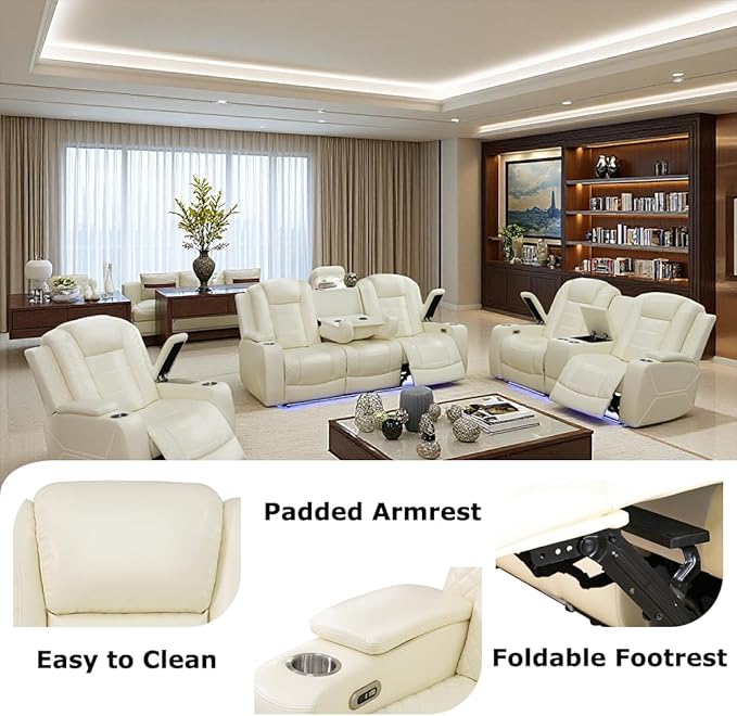 Toseslo Power Recliner Sofa and Loveseat Set, Leather Reclining Sofa Sectional Couches with Drop-Down Table, Living Room Furniture, Reclining Sofa with Cup Holders for House(Creamy White)